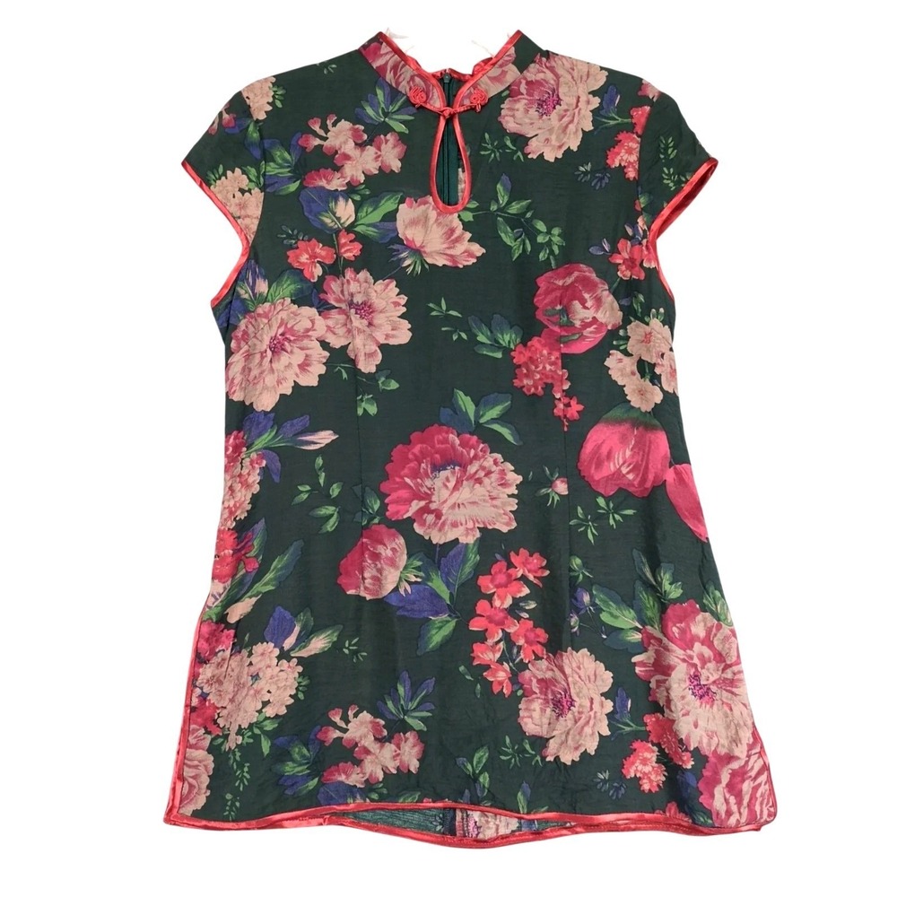 Shanghai Soho Green Floral Tunic Top Womens 3XL Asian Mandarin Collar Garden